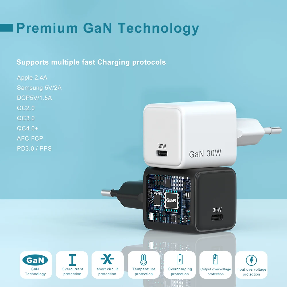 2024 Customized Logo PD QC GaN Type C PD Fast Charger EU Plug 30W USB-C Travel Adapter with CE EAC