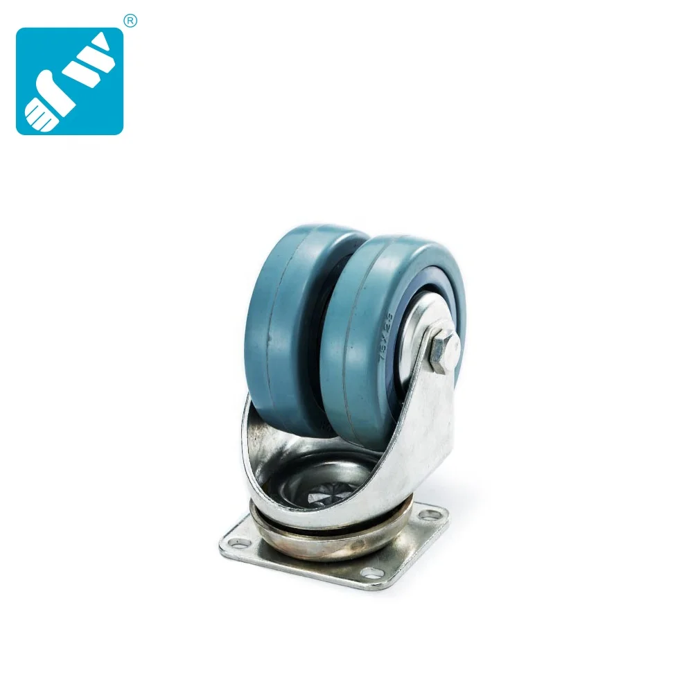 75mm Grey Rubber on PP Twin Wheel Medium Duty Top Plate Swivel Trolley Caster,Zinc Plated,Dual Wheel Swivel Industrial Caster