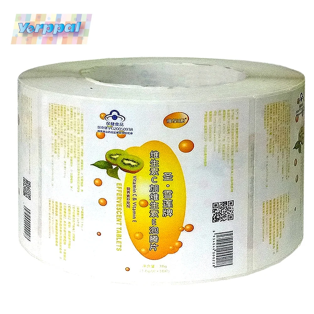 
CMYK Custom Printing Adhesive Label for Packing Bottle of Vitamin C Effervescent Tablet Medical Sticker 
