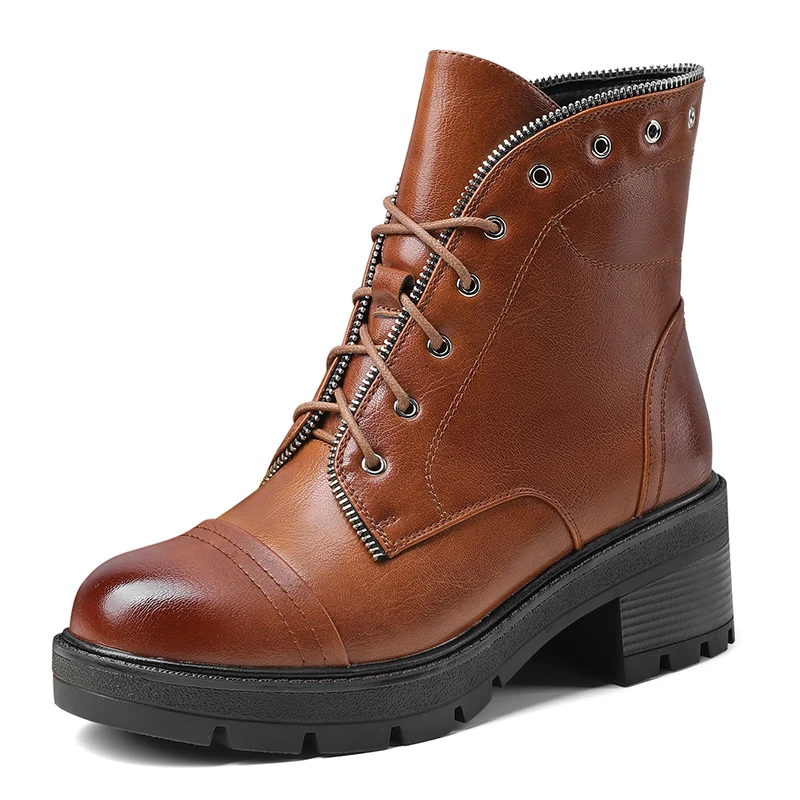 Platform Retro Motorcycle Boots Fashion Zipper Teeth Lace Up High Heels Women Ankle Boots Round Toe Female Party Working Shoes