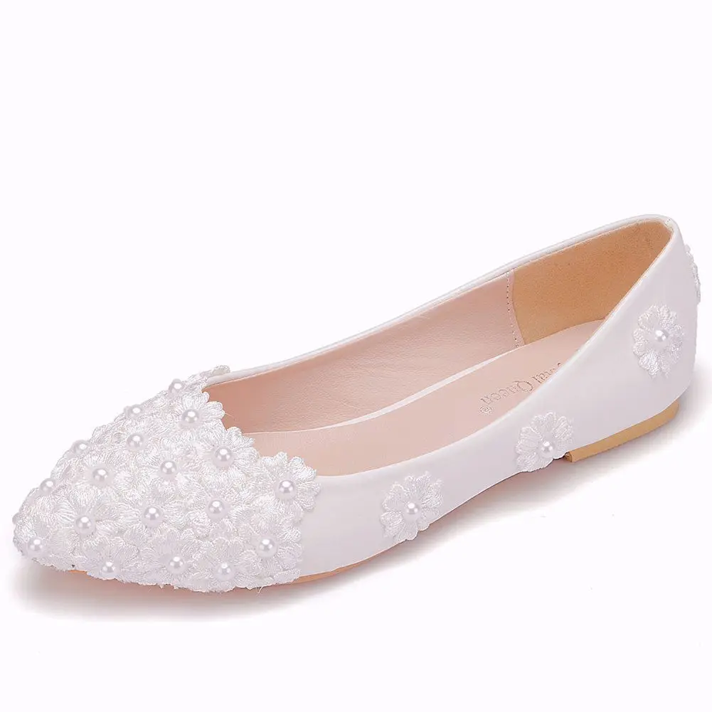 Ballet Flats White Pearl Lace Wedding Shoes For Bride Casual Shoes Wedding Princess Flats