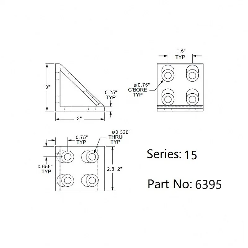 china manufacturer 6395  15 series 8 hole triangle cnc aluminum Corner Bracket for T- slot aluminum profiles 10/15 inches