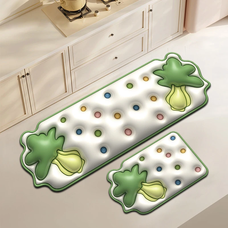 Custom 3D Cute Absorbent Pad Non Slip Kitchen Mat Rubber Anti Fatigue Kitchen Mat Cartoon Carrot, pepper, Bok choy