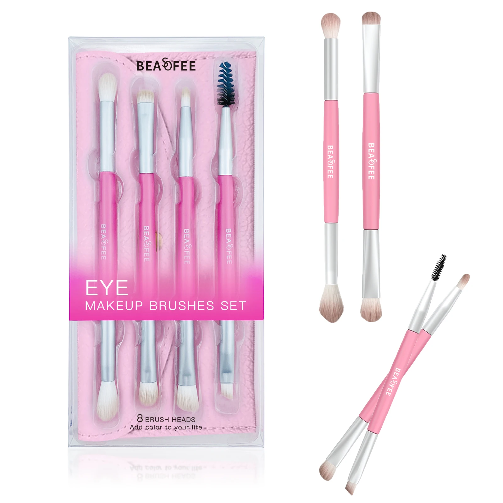 Amazon best selling  dual sided pink eye brow lashes 4pcs vegan custom logo eyemakeup cosmetic brush set