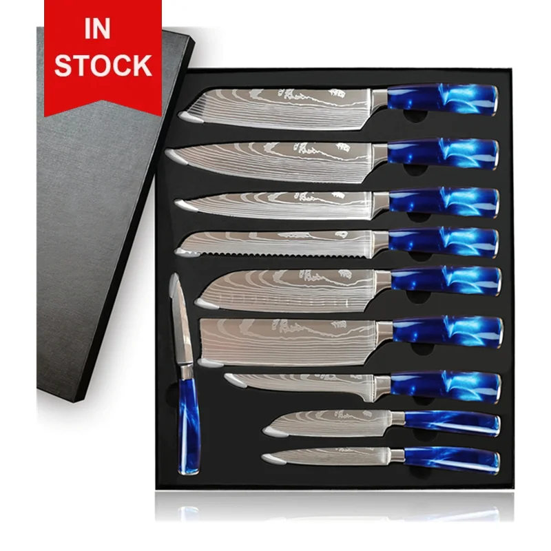 Carbon steel boning sushi bread cutter small santoku damascus laser pattern 9 pcs chef knife set with gift box