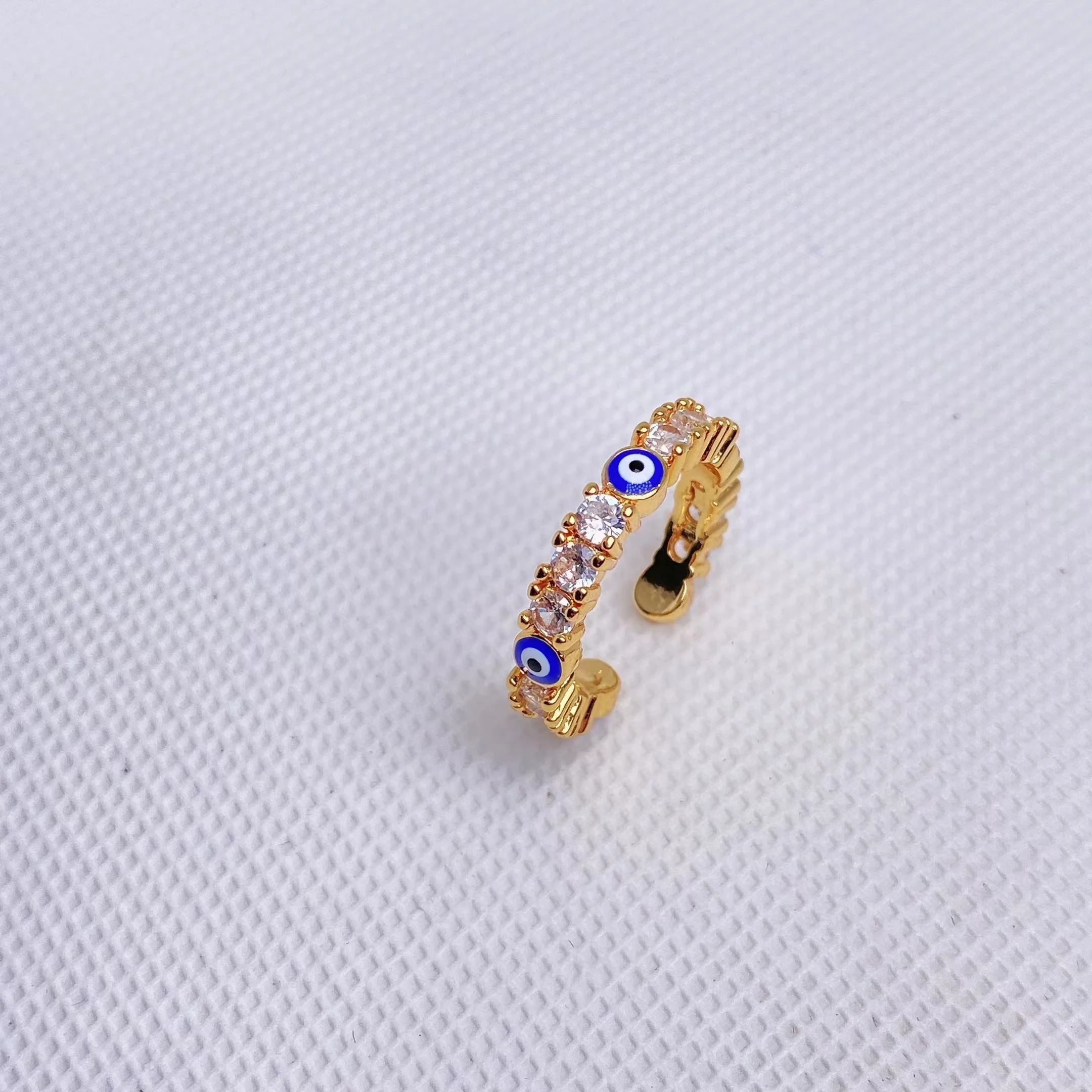 2022 Fashion Gold Plated CZ Paved Good Luck Enamel Light Blue Cubic Zirconia Evil Eyes Adjustable Ring