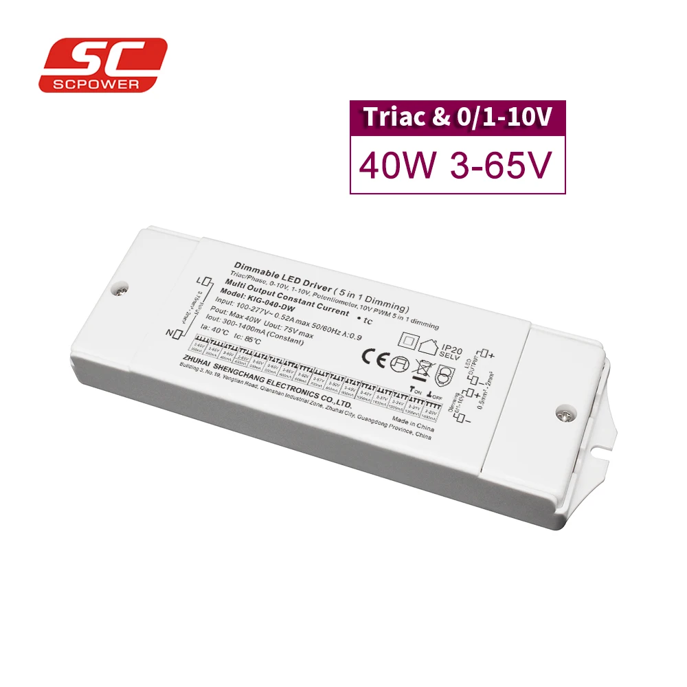 High efficiency warranty 5 years triac dimming 0/1-10v pmw dimmable 40 watts 3V 5V 65V 300ma 1400ma Constant Current Led Driver