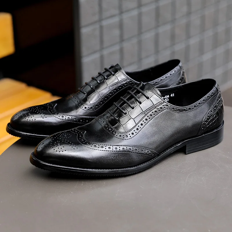 Men Fashion Casual Genuine Leather Plus size Black Pointed Toe Formal Oxford Dressing Business Shoes Wedding Party Shoe
