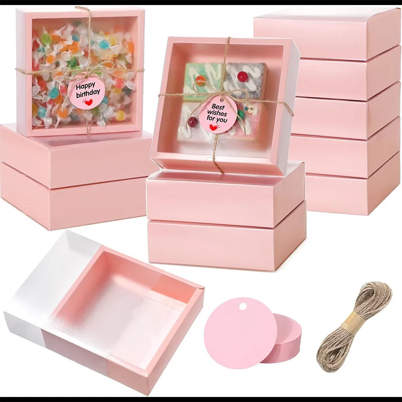 Wholesale Custom Kraft Paper Jute Rope Clear Window Gift Box Packaging Drawer Box Birthday Party Kids Transparent Gift Box