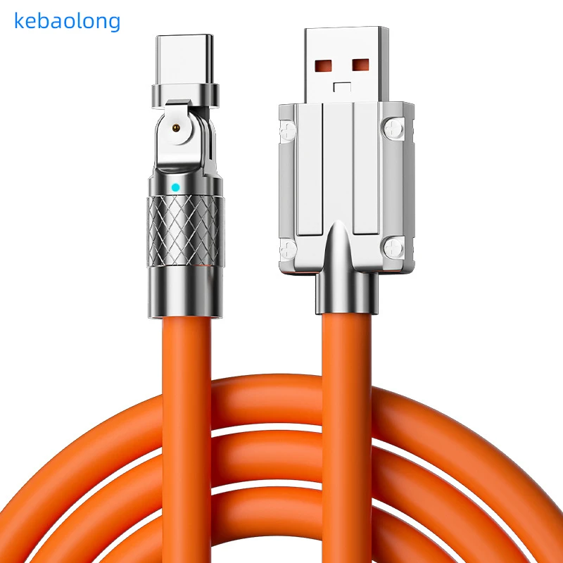 120W elbow super fast charging 6A zinc alloy data cable can rotate with light thick flash charger passenger charging cable