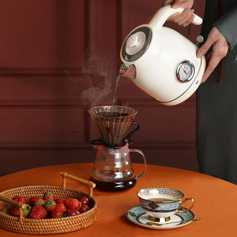 QCOOKER 1.7L Electric Kettle Fast Boiling Stainless Steel Retro Thermometer Hot Water Boiler 1800W 220V Portable Instant Heater