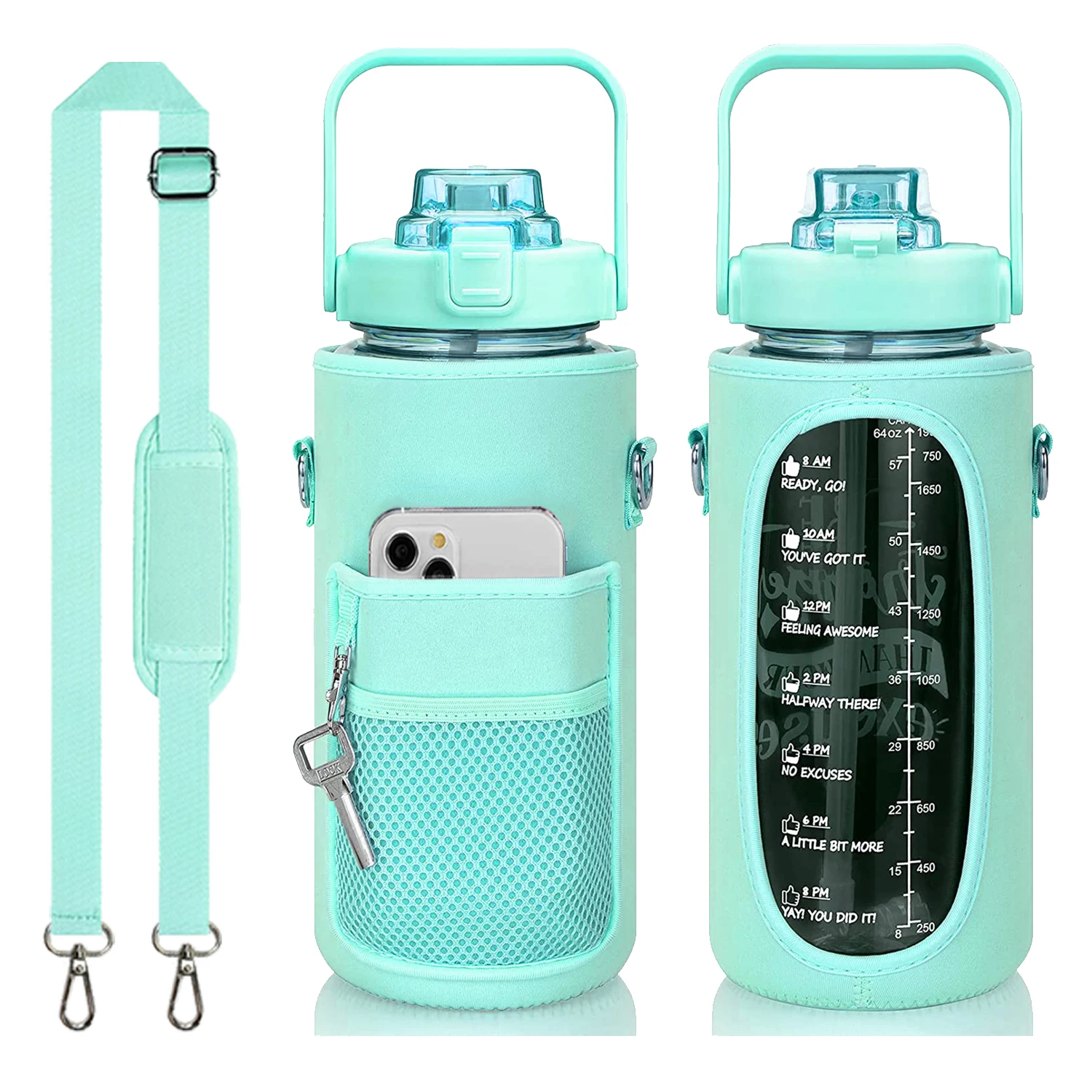 2L Motivational Time Marker Half Gallon Water Bottle Protective Sleeve Bag With Strap  With Scale