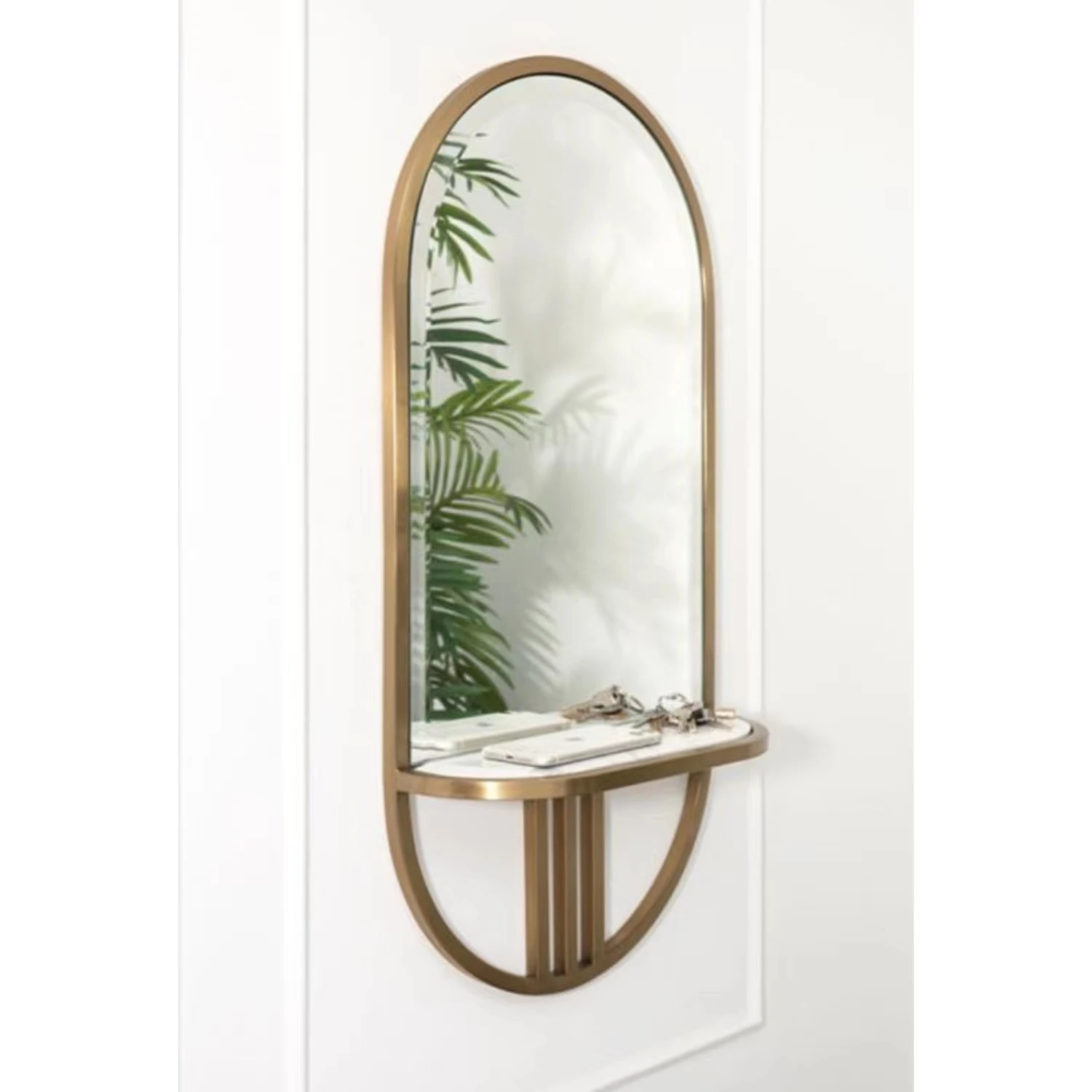 Modern Luxury Living Room Mirrored Wall Shelf Oval Shaped Stainless Steel Brushed Gold Wall Mirror Decor For Home Hotel