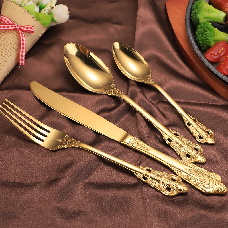 Vintage 18/10 Stainless Steel Food Grade Cutlery Sets,Baroque Style Flatware Sets For Wedding Events