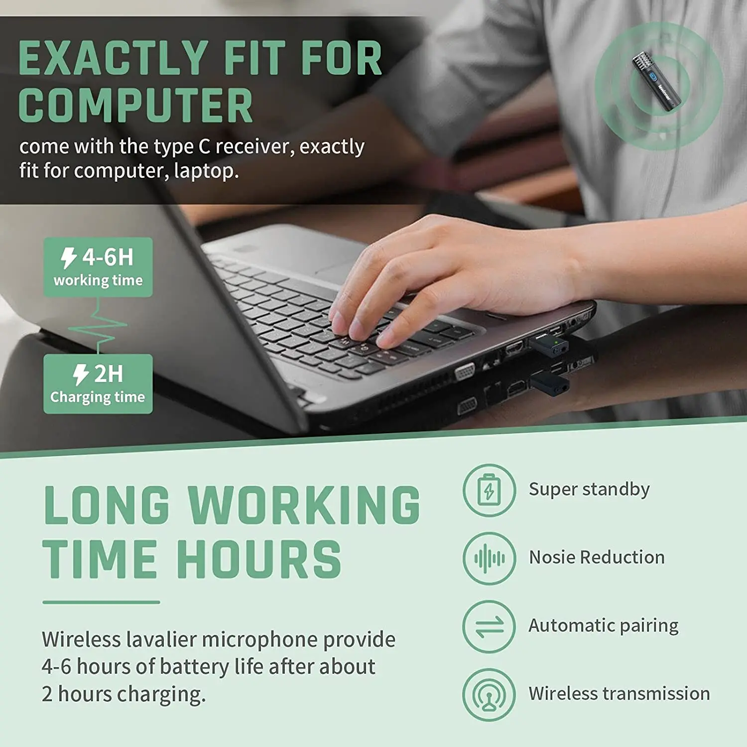 48KHz Wireless Microphone for Computer iPhone iPad Android Laptop Speaker Plug Play TikTok Vlog Zoom Noise Reduction Auto Sync