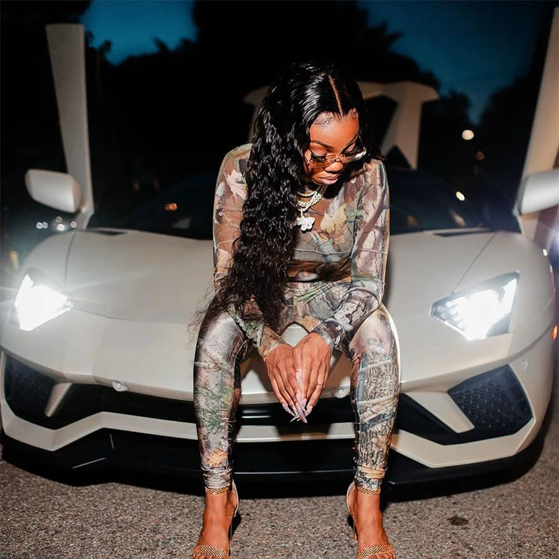 A20534S Sexy Mesh Two Piece Sets Women Stand Collar Long Sleeve Tops High Waist Trouser Fashion Print Suit