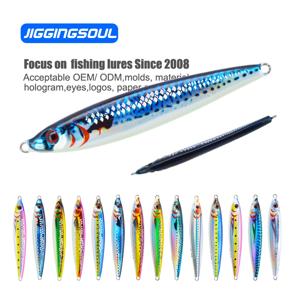 JIGGINGSOUL-OEM315-hot sale 60g 80g 100g luminous scale 3D printed Mackerel Saltwater Fishing Vertical Jig Barracuda speed jig