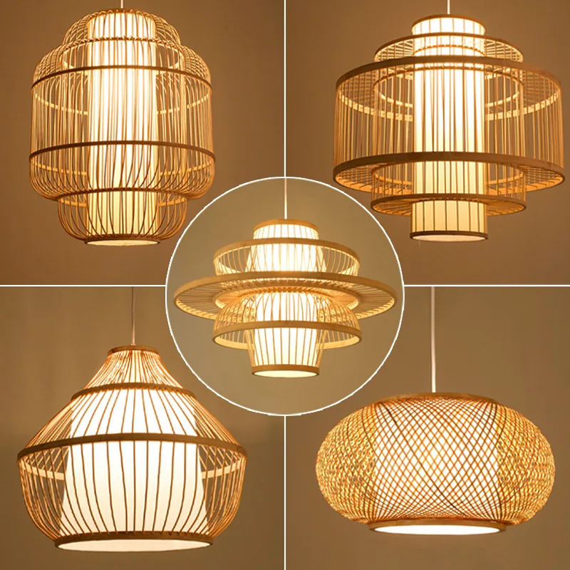 Chinese style bamboo woven chandelier restaurant hot pot shop decoration pendent lamp Japanese style bedroom lantern chandelier