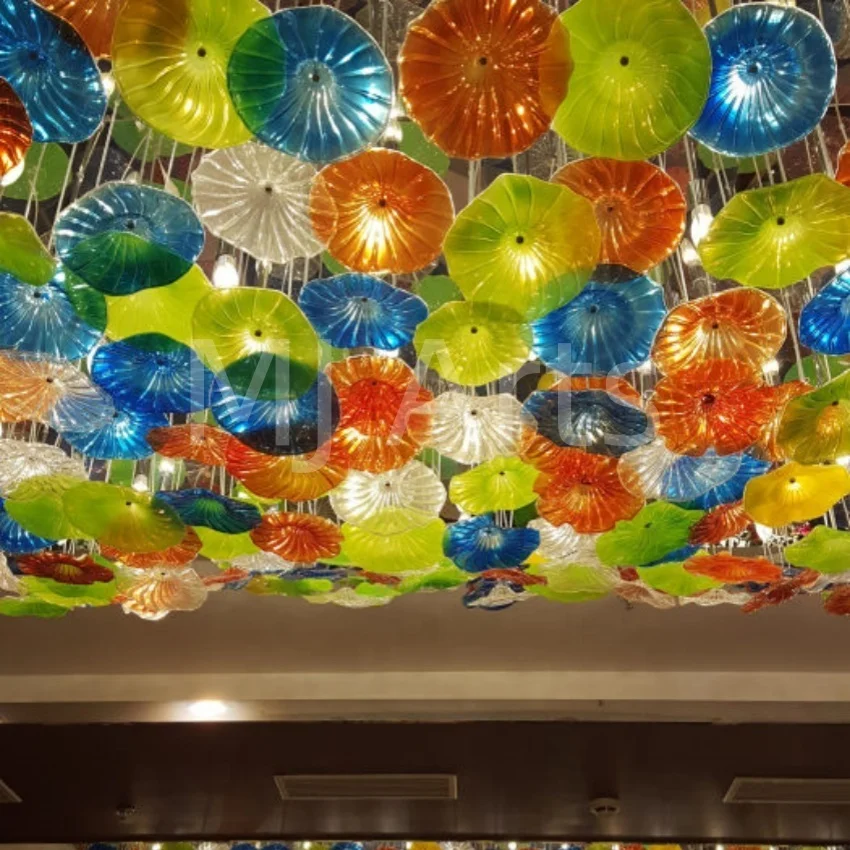 Restaurant hotel ceiling decor Round blue colored glass art pendant ceiling decorative suspension art lamp lighting chandelier
