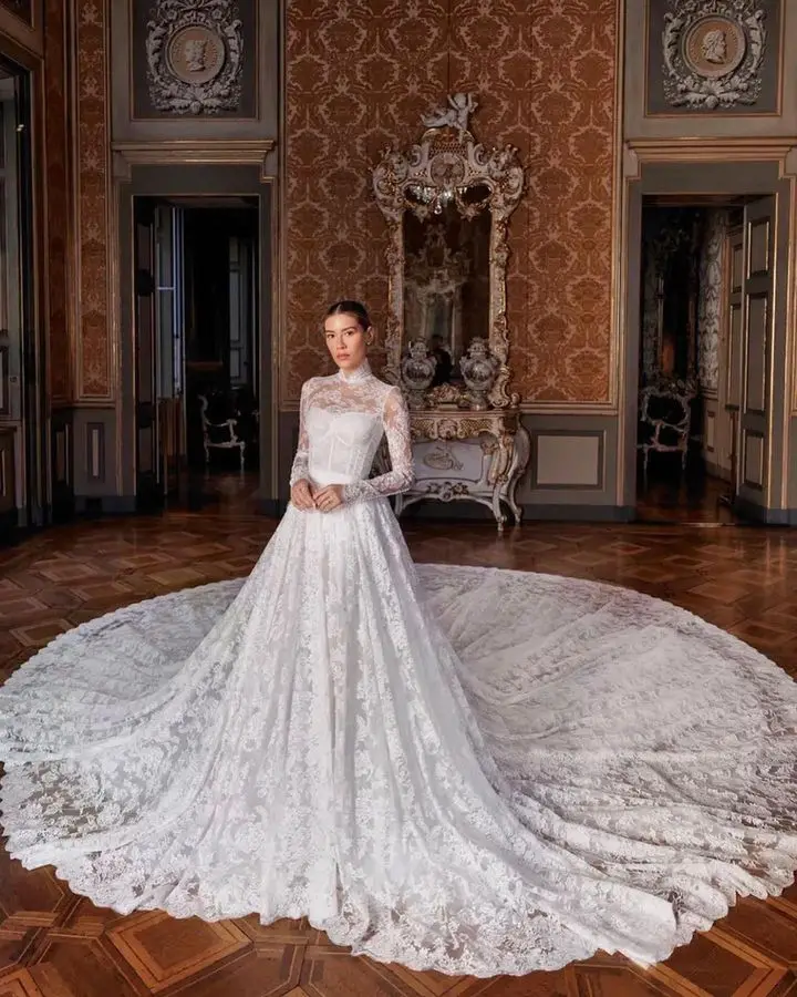 Vintage Lace Bride Gown Long Train High Collar Long Sleeves Elegant Lace Custom Made Wedding Dresses