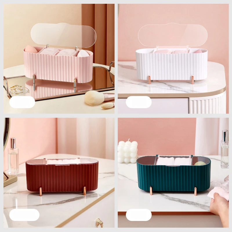 Household Light Luxury Cosmetic Cotton Four-grid Transparent Storage Box with Cover Dust-proof Beauty Egg Cotton Swab Makeup Box