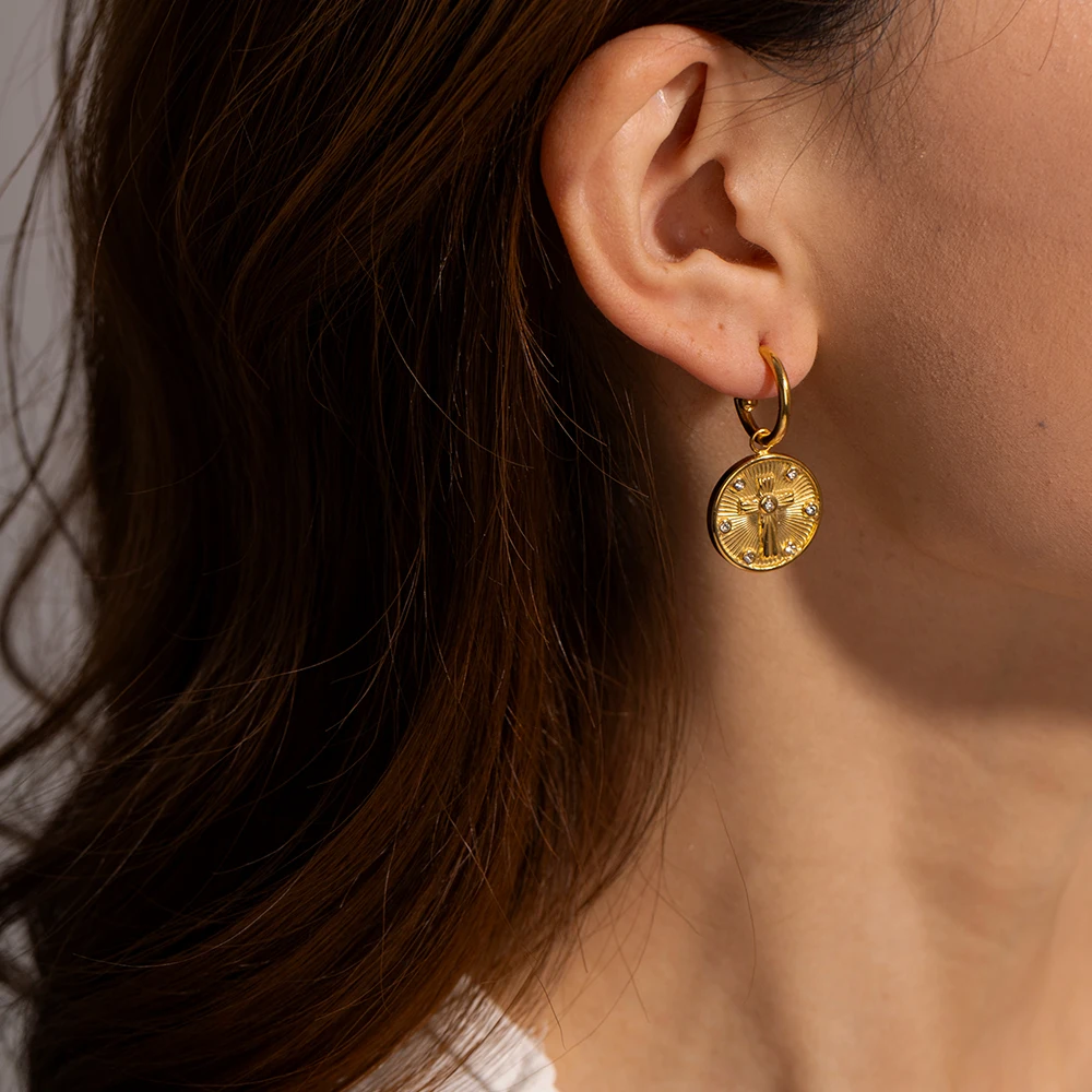 J&D Jewelry Waterproof Stainless Steel 18K Gold Plated Round Coin Moon Star Cross Drop Earring Ring