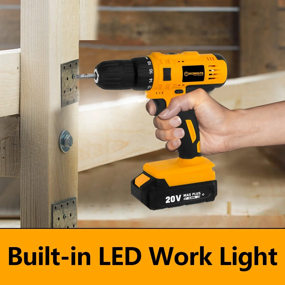 WORKSITE Customized 20V Power Drill Battery 19+1 Chuck 30Nm Portable Rechargeable Cordless Drill Driver
