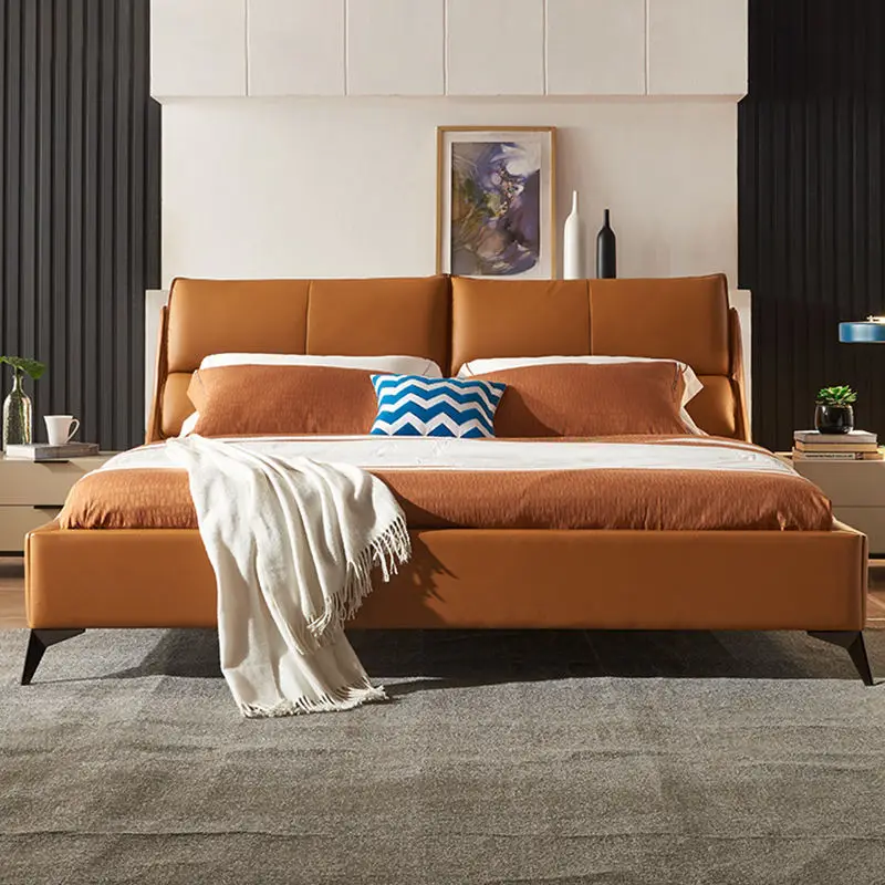 High Quality Factory Price Luxury hotel Queen Size Double Bed Leather Upholstered  Stainless Steel Light Luxury Bedroom Bed