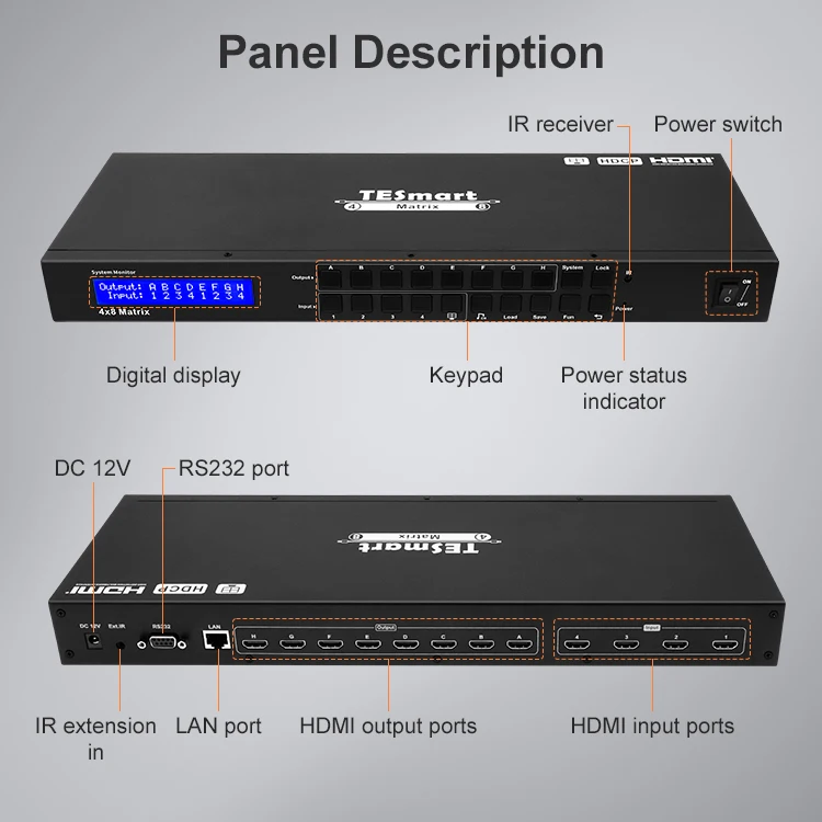 TESmart high quality hdmi matrix splitter Quad view HDCP1.4 many to many standalone input 4 in 8 out avmatrix video switcher