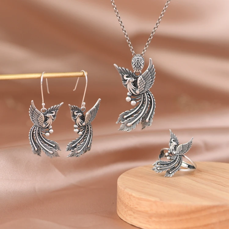 Authentic Ring Jewelry S925 Sterling Silver Jewelry Set Fashion Phoenix Ring Earrings Pendant for Women