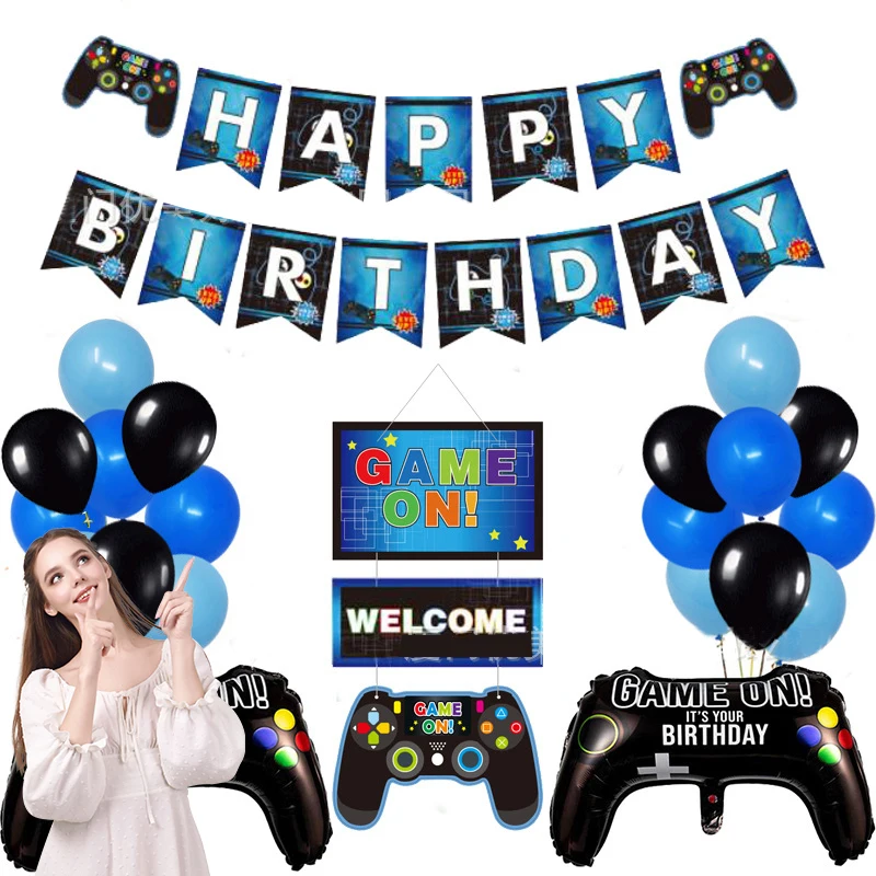 Blue Game On Game Theme Party Decoration Gamepad Birthday Banner Foil Balloon