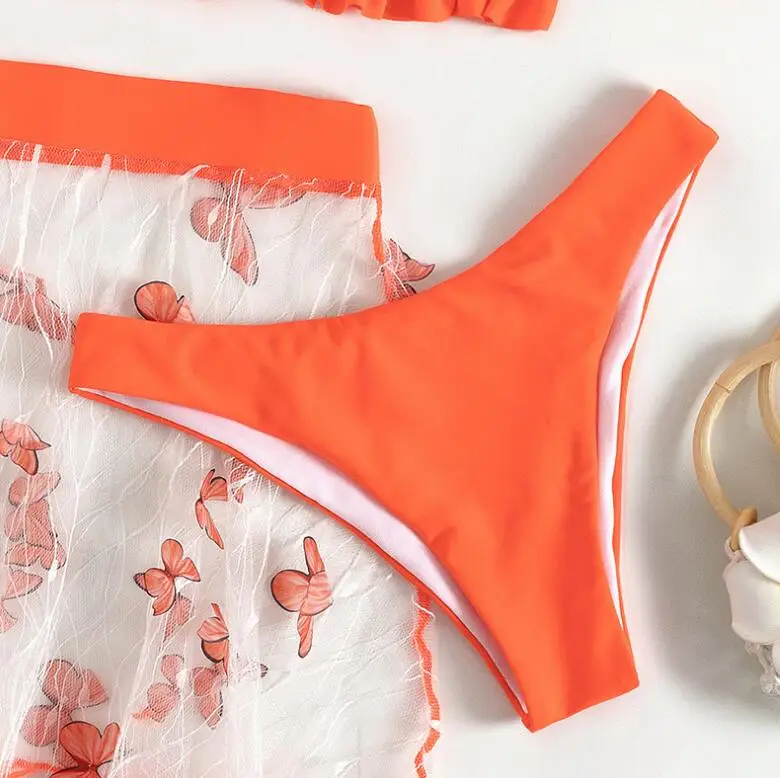 JUST ARRIVALS STOCK Orange Triangle Top 3Pieces Swim Suits Sexi Ladies Bikini Set Mini Beach Skirt