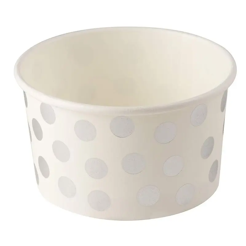 SP873 4-6-8-9-10-12oz Ounce Hot Cold Silver White Foil Polka Dot Nice Ice Cream Dessert Snack Paper Bowl Tubs Cups