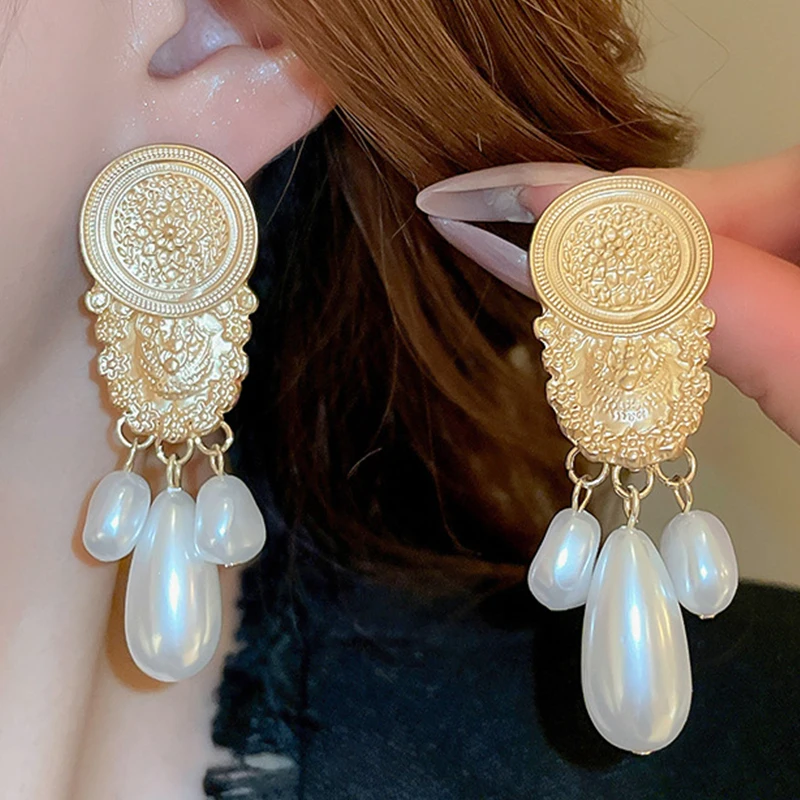 Серебряная игла в античном стиле круглые Цветочные рельефные жемчужные серьги с кисточкой легкие Роскошные ретро французские придворные