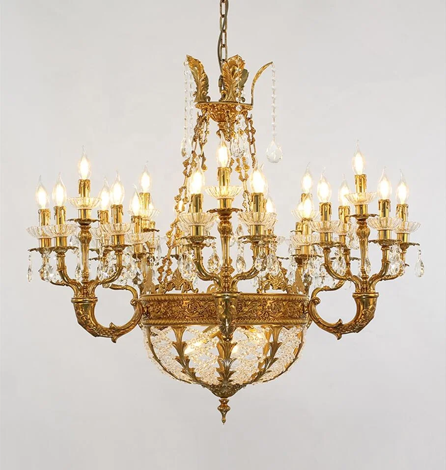 French Antique Bronze Brass Candle Hanging Lamp clear crystal Decorative chandelier luxury Pendant Lighting Crystal Chandelier