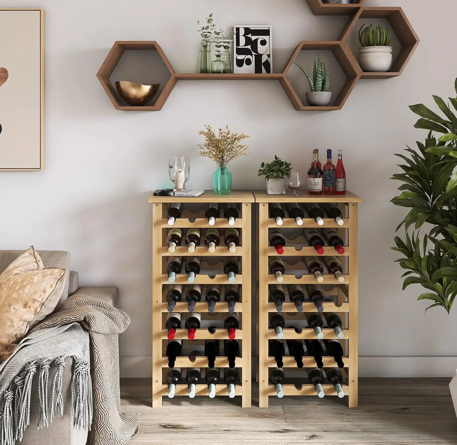 Bamboo Wine Rack, 28 Bottles Display Holder with Table Top, 7-Tier Free Standing Storage Shelves for Kitchen, Pantry, Cellar