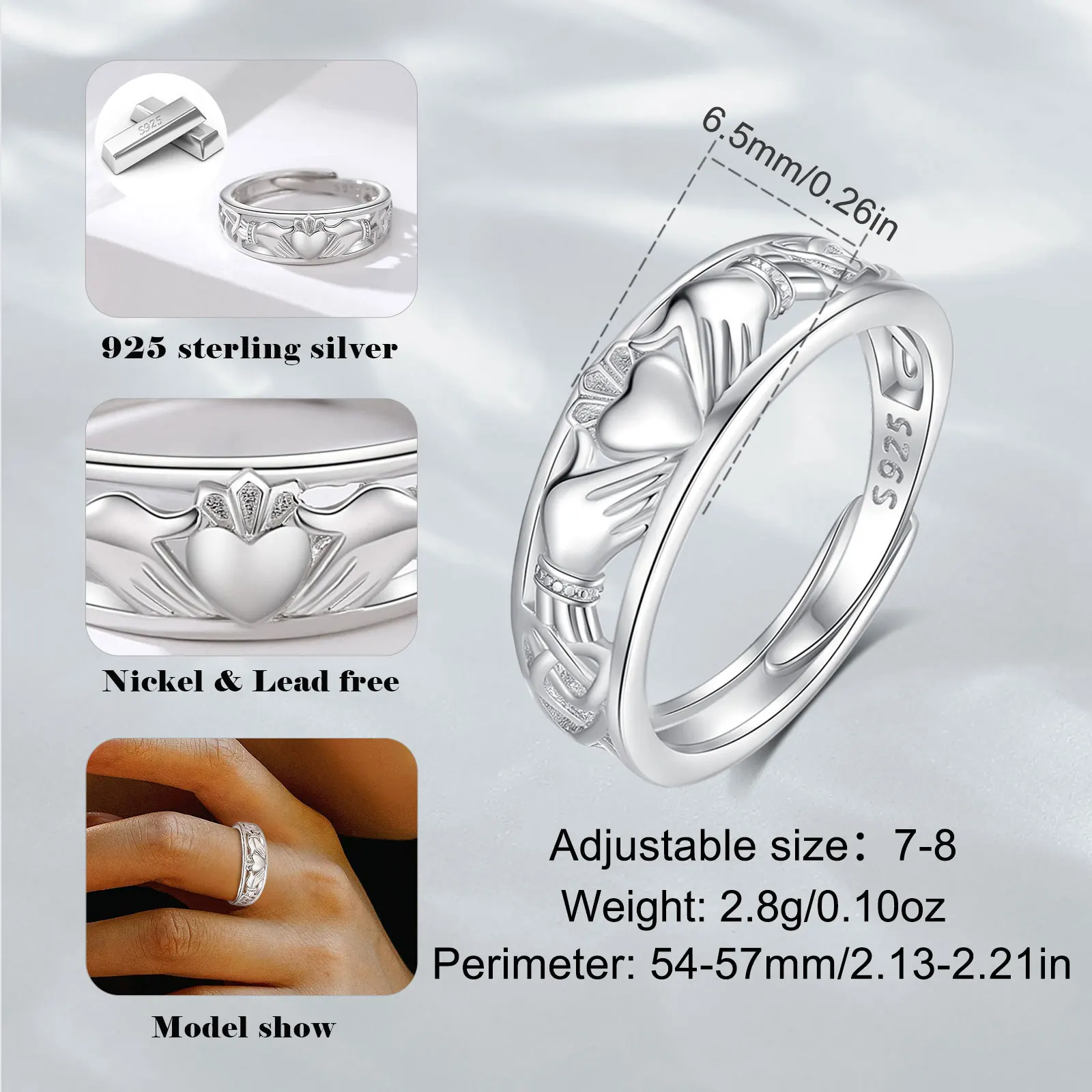 Changda Loyalty Sterling Silver 925 Irish Celtic Engagement Wedding Love Heart Crown Jewelry Claddagh Rings