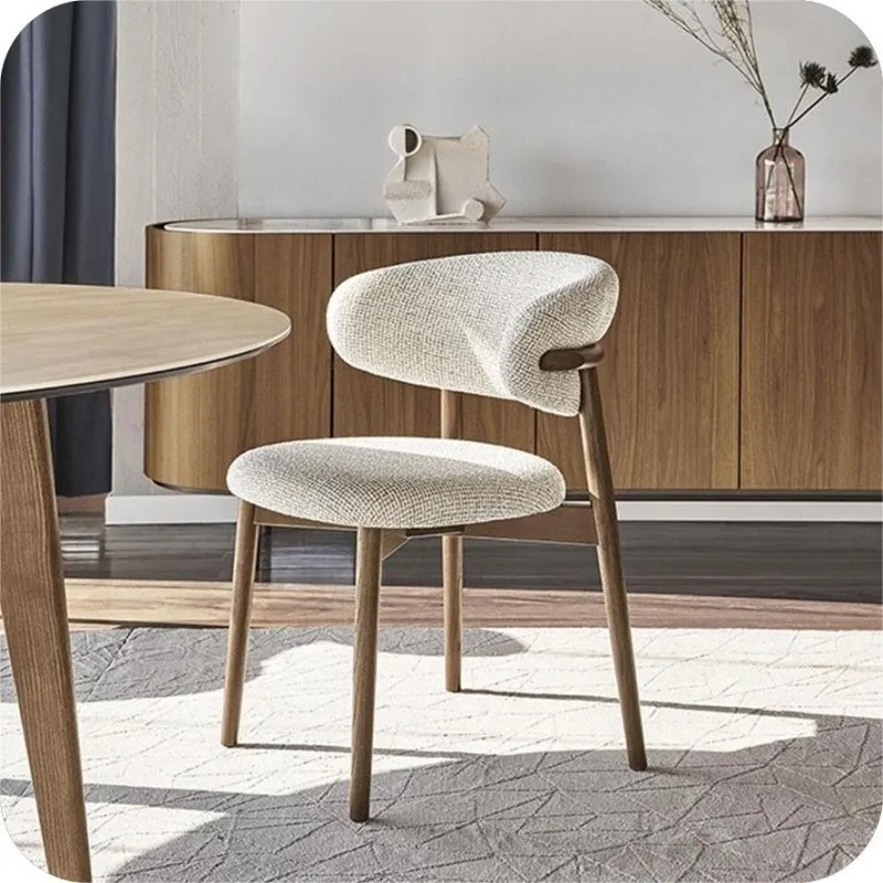 Modern nordic dining room furniture Curved backrest walnut color wood chair White linen fabric mid century dinning chair