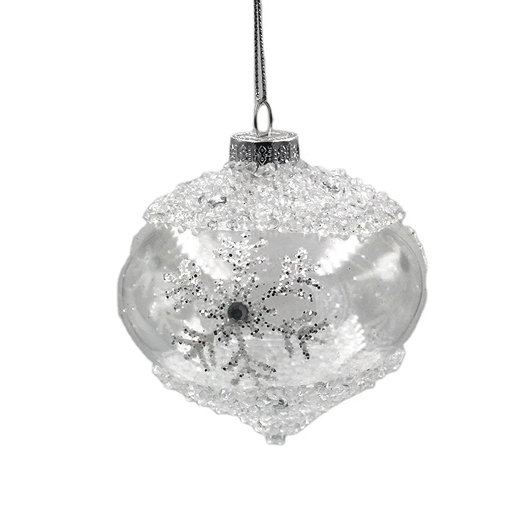 Factory Wholesale Hand Made Holiday Decorative Baubles 80mm Onion Shaped Clear Glass Christmas Ball Ornament With Snowflake