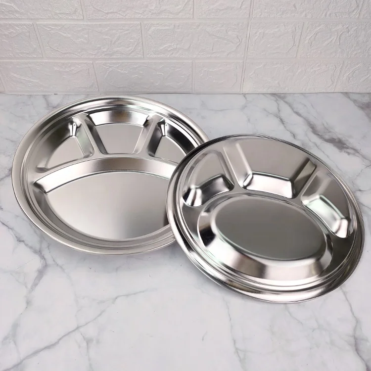 
Stainless Steel 4 Sections Round Divided Plate Dish Snack Dinner Tray Lunch 