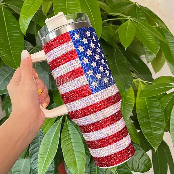 American Flag 40 OZ Bling Rhinestone Crystal Tumbler USA Glitter Gift Mugs With Handle and