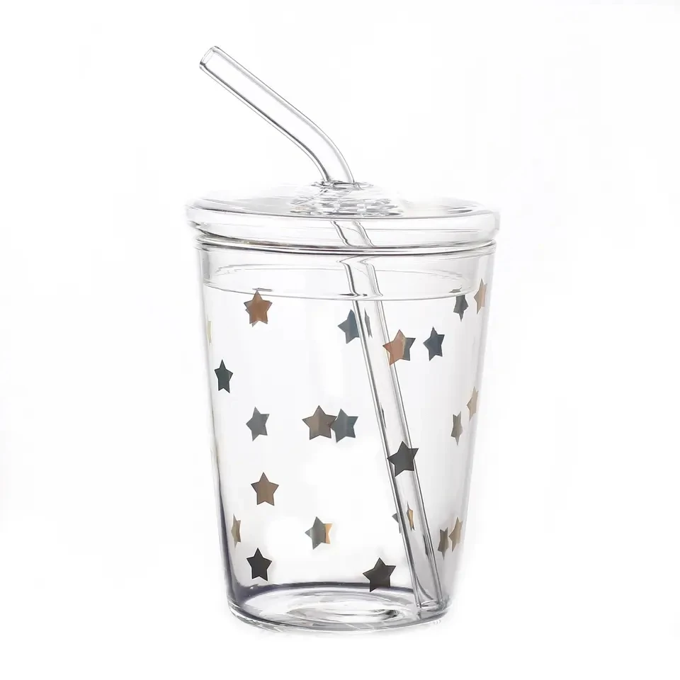 Best Selling 350ml Glass Tumbler with Eco-Friendly round Silicone Sealed Lid and Straw Customizable Logo for Gifts