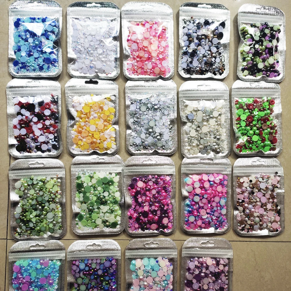 Customized OEM 30g/1500pcs Mixed 3-10mm Half Round Flatback Pearls Multi Color ABS Resin Rhinestone Diy Clothing accessories