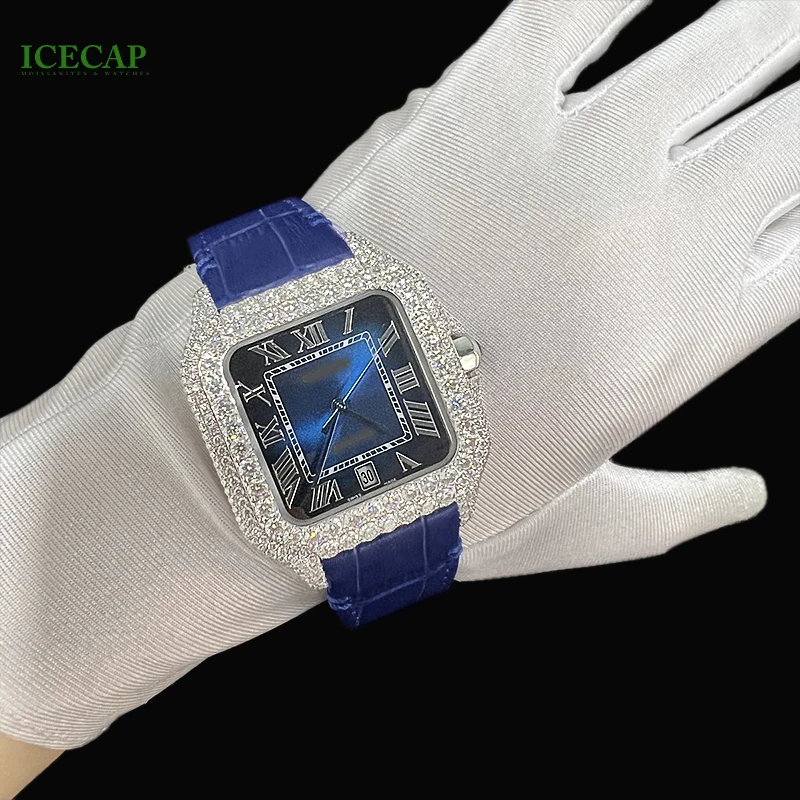Men luxury watch blue strap iced out  VVS Moissanite diamond watch men hip hop watch