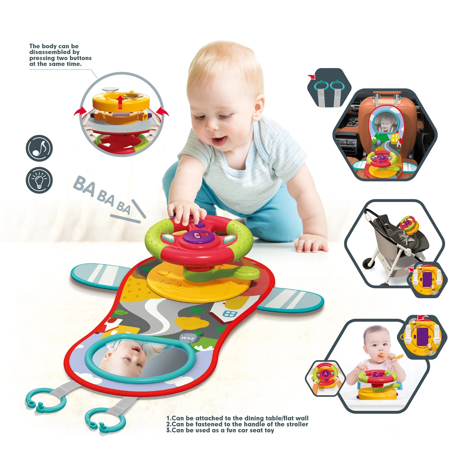 Travel Fun 3 in 1 Baby Stroller Toy Interactive Steering Wheel Toy Pretend Play Driving Rear Car Seat Toys with Mirror