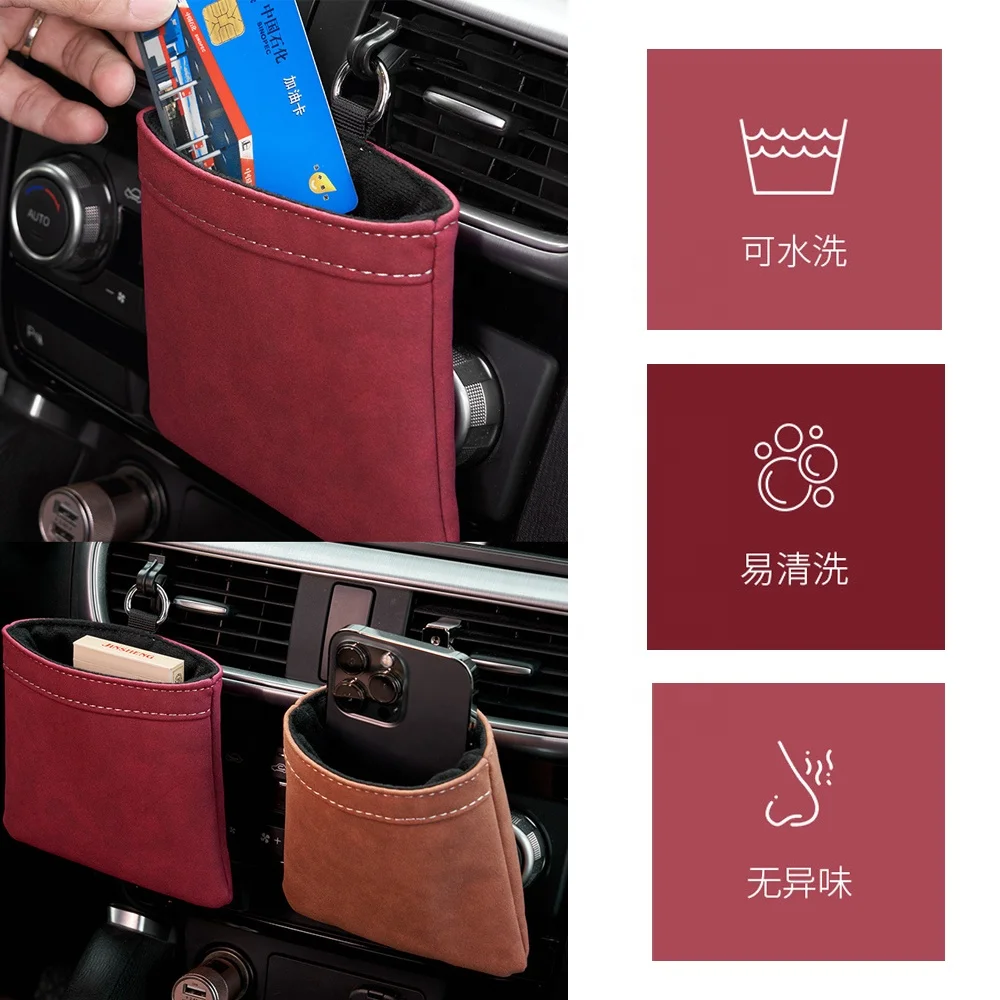 Car Outlet Hanging Organizer Seat Pockets Pu Leather Adjustable Storage Bag For Iphone Glasses Keys