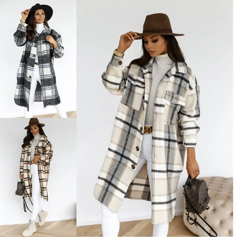 2022 Fashion Long Sleeve Plaid Print Shirt Woolen Coat Winter Long Jacket