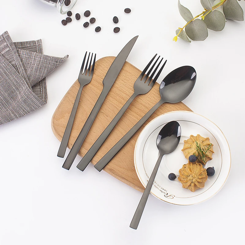 Manufacture Customized Spoon And Fork Set Stainless Steel Portable Travel Flatware Mirror Black Cutlery Set