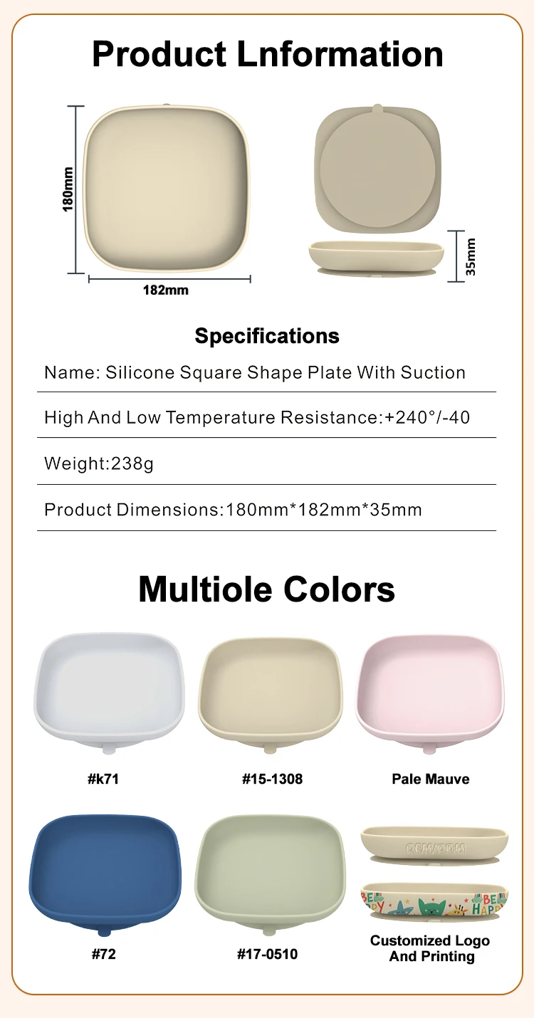 Customized Eco Friendly Non Toxic Food Feeding Set Strong Suction Square Silicone Baby Suction Plate Tableware Kids Dishes Plate