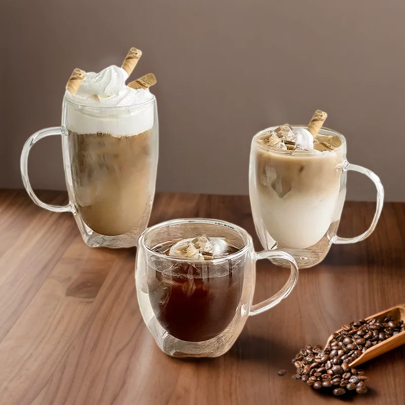 High Borosilicate Double Wall Glass Coffee Cup with Handle Glass mug for beer juice water wine drinking 250 350 450ml
